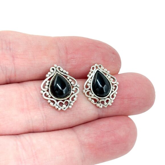 Vintage Sterling Silver 925 Avon Black Onyx Filigree Earrings - Picture 1 of 7